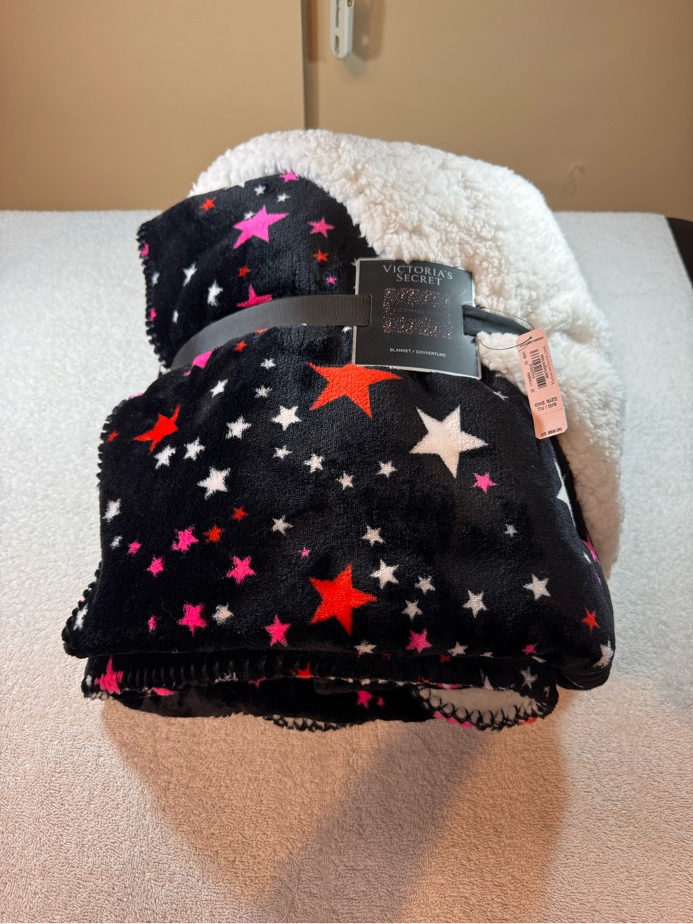 Victoria's Secret Black Star Sherpa Throw with Pink & Red Accents